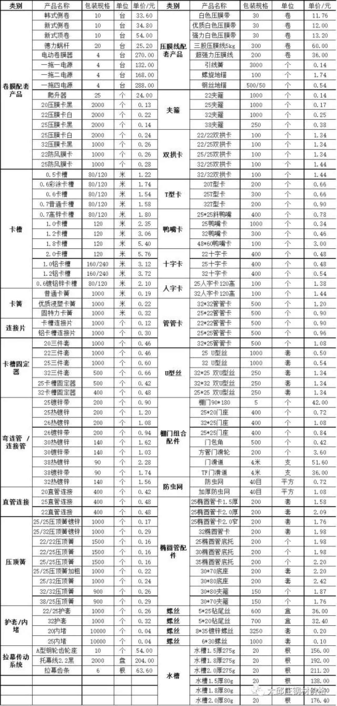 大棚配件價格表大全